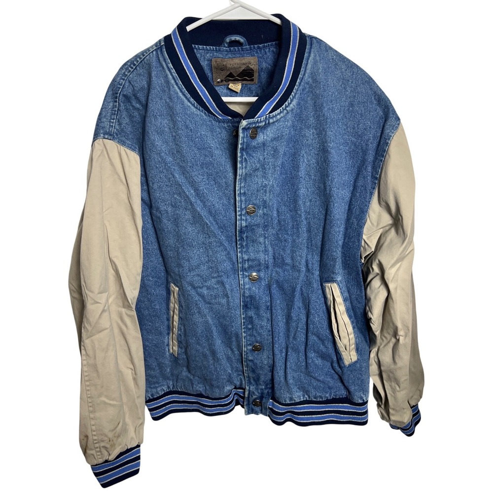 Vintage Port Authority Denim Varsity Jacket XL Bomber Snap Front 90s Retro Indie